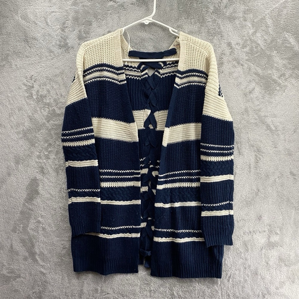 Pink Rose Women Small Navy Ivory Striped Open Front Cardigan Coastal